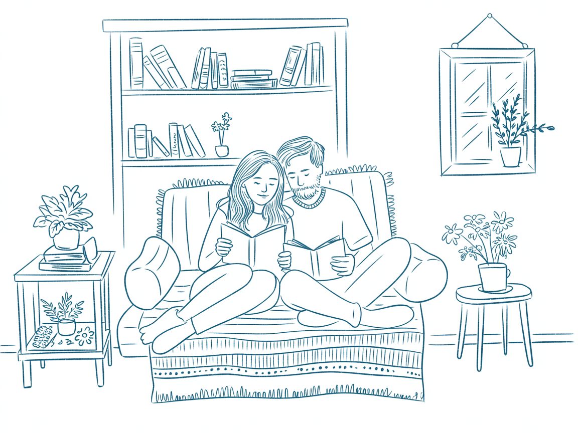 Romantic artwork couple reading together on a cozy sofa in a book-filled living room with plants, a window, and a patterned blanket, drawn in simple blue line art.