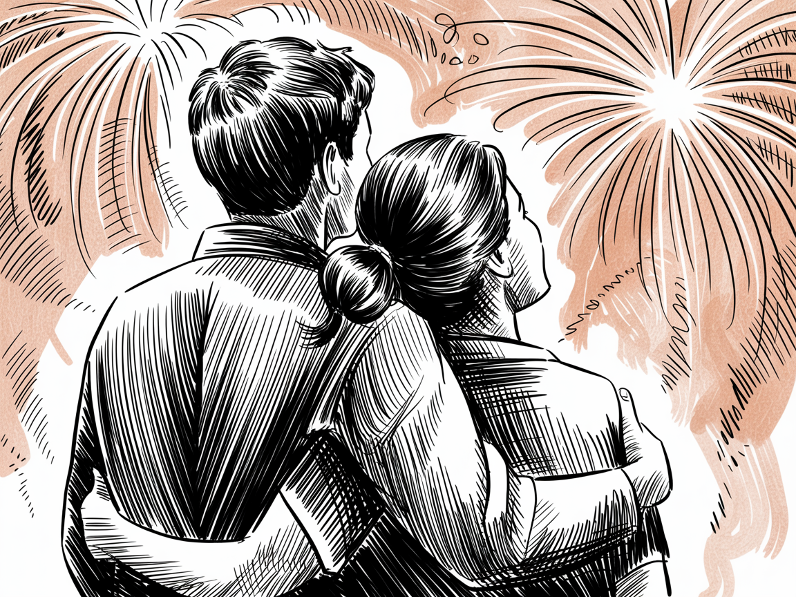 Romantic artwork couple, an ink-style illustration of two people embracing from behind while watching fireworks with warm peach highlights.