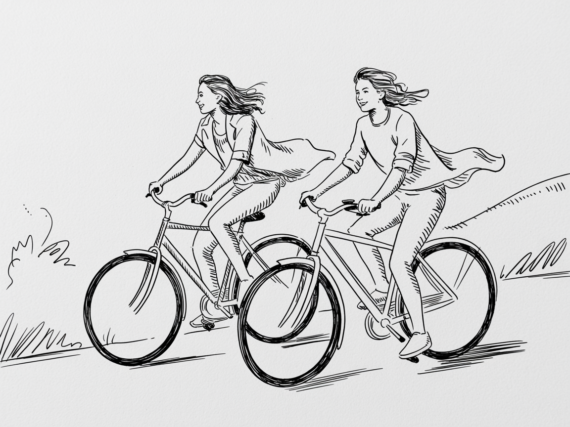 Romantic artwork couple riding bicycles side by side in a black and white line drawing with flowing hair and a simple background