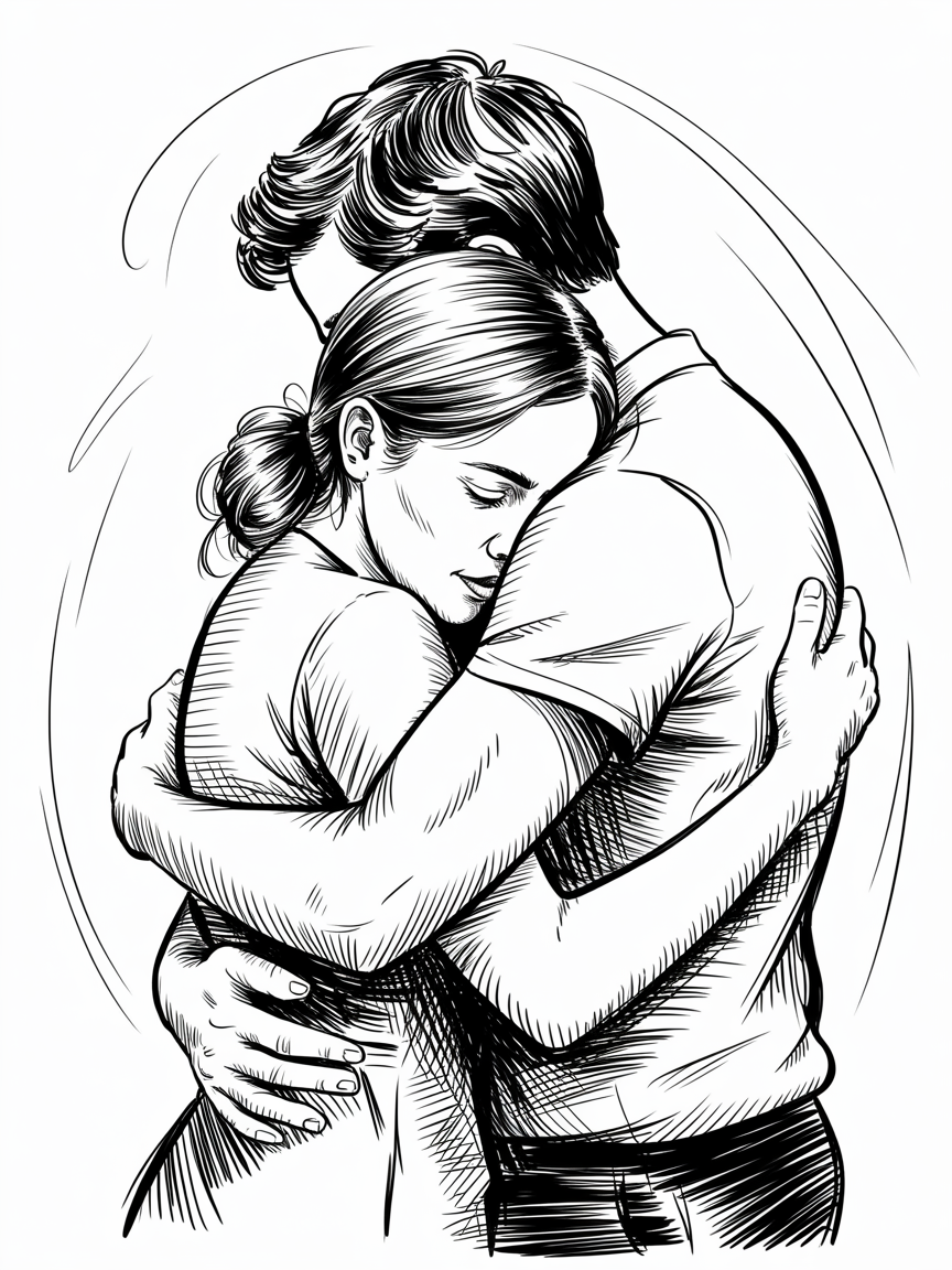 Romantic artwork couple, black and white line drawing of a couple hugging with varied line weights, soft crosshatching, and curved motion lines