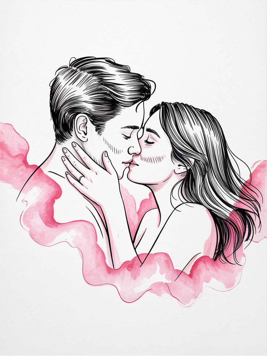Romantic artwork couple, black ink line drawing of two people sharing a kiss framed by soft pink watercolor on a white textured background.