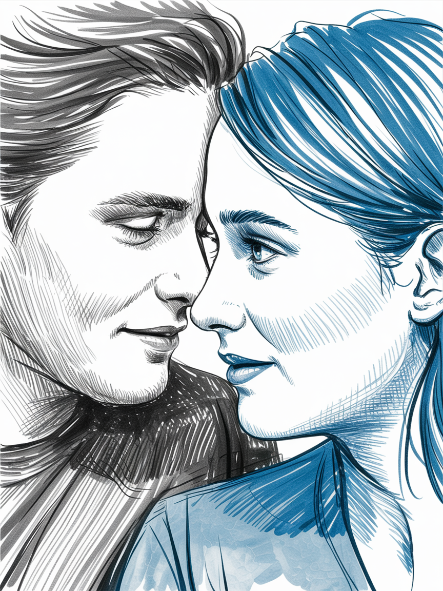 Romantic artwork couple, a close-up line drawing of two people leaning nose to nose with blue and charcoal shading and fine cross-hatching.