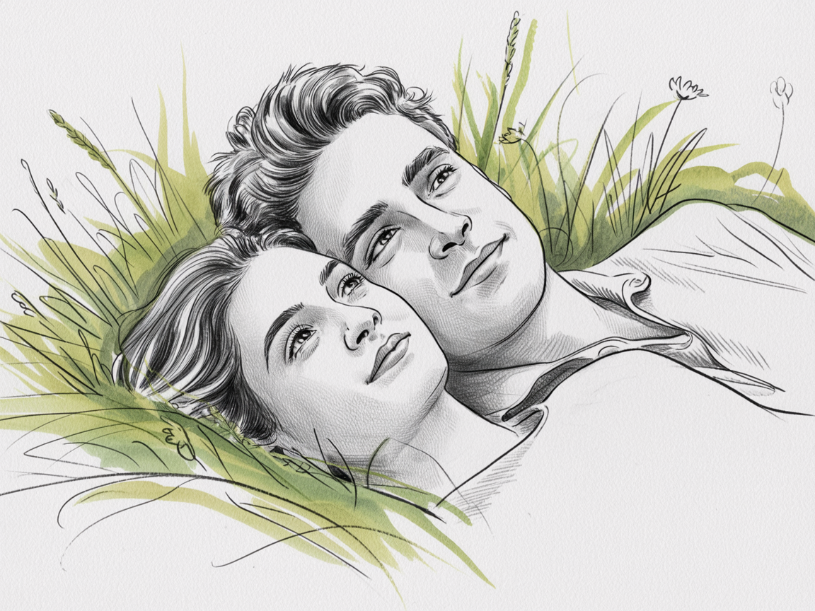 Romantic artwork couple, a gentle sketch of two people lying together in grass with faces close and relaxed, pencil shading, and a soft green wash