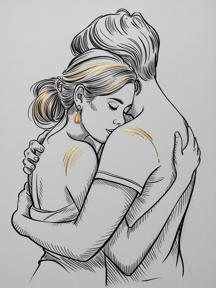 Romantic artwork couple embracing in a minimalist black ink illustration with subtle gold accents on hair, earring, and shoulders on textured paper.