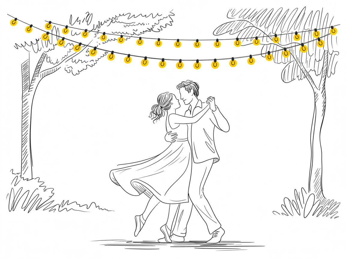 Romantic artwork couple dancing under string lights between two trees in a clean line drawing with warm yellow bulbs.