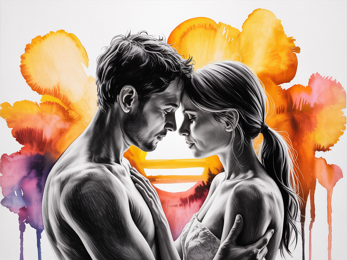 Romantic artwork couple touching foreheads in grayscale, framed by warm orange and pink watercolor splashes on a white background.