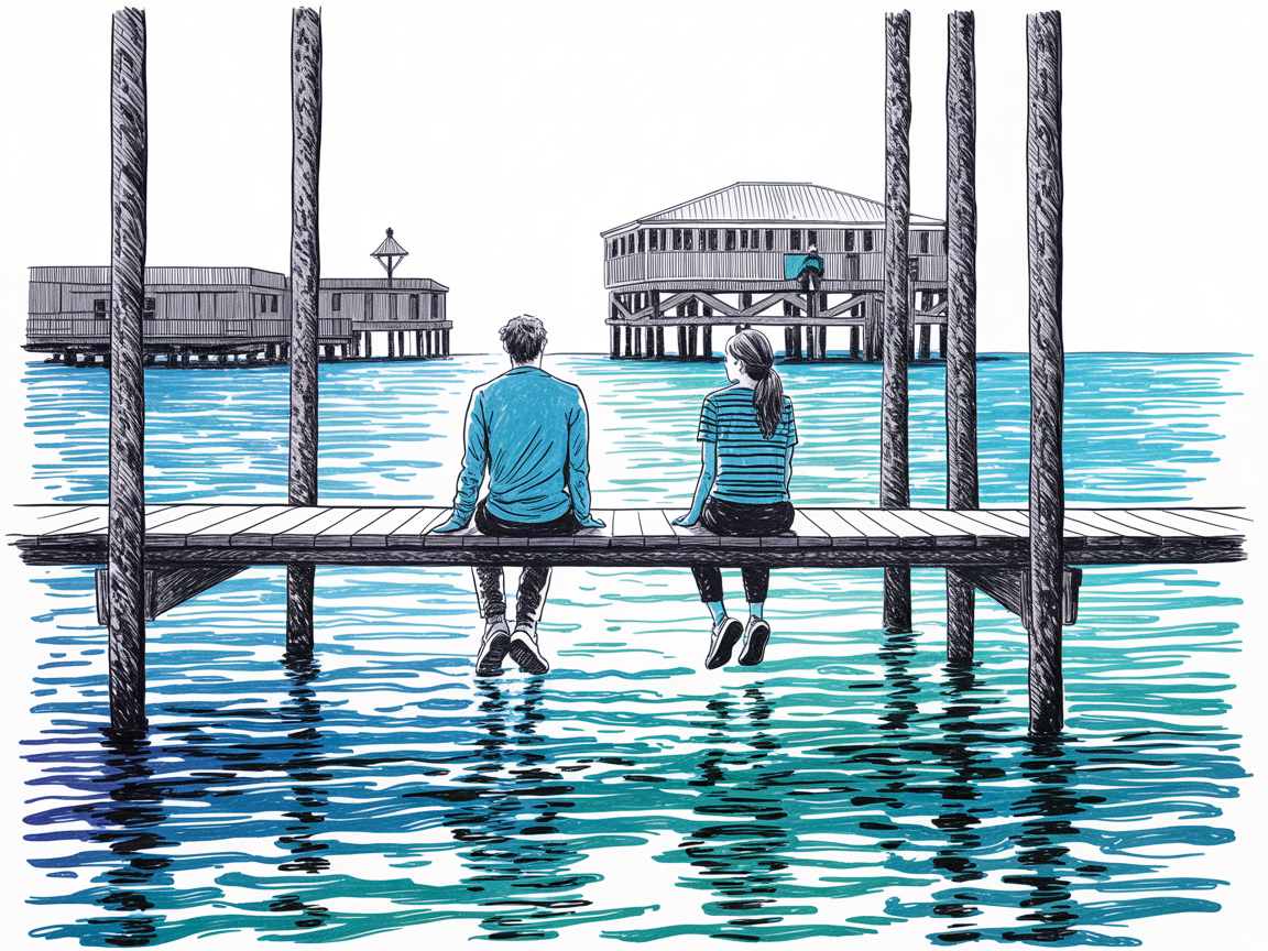 Romantic artwork couple sitting on a wooden pier over calm blue water, framed by tall pilings and distant stilt houses.