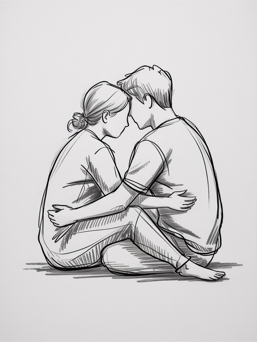 Romantic artwork couple, a black and white sketch of two people sitting and embracing with foreheads touching, clean linework and soft hatching on a blank background.