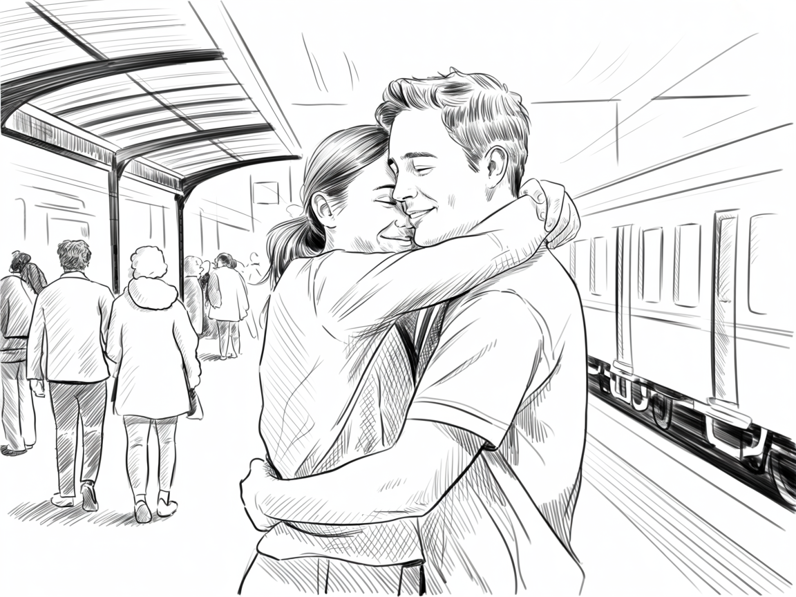 Romantic artwork couple embracing on a train station platform, framed by a curved canopy, a nearby train, and soft cross-hatching.