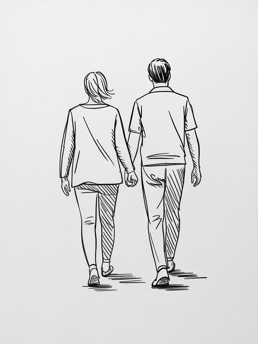 Romantic artwork couple, minimalist black line sketch of two people walking hand in hand from behind on white textured paper.