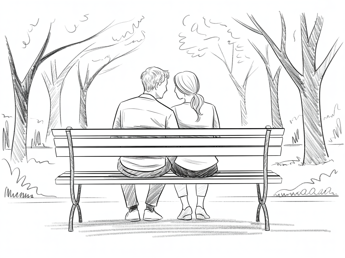 Romantic artwork couple sitting side by side on a park bench, seen from behind, with pencil shading and tall trees framing a quiet open space.