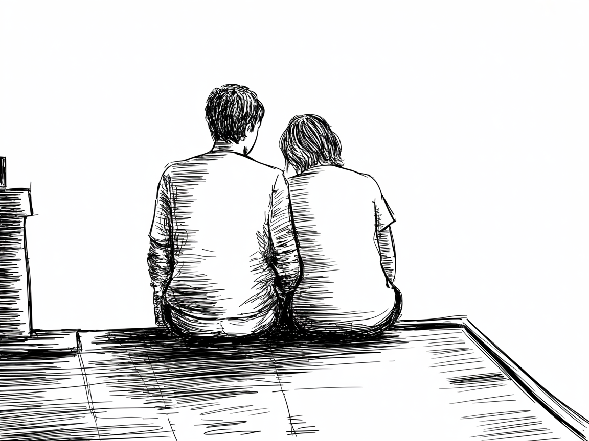 Romantic artwork couple sitting side by side on a rooftop, black and white line drawing with strong negative space and cross‑hatched shading.