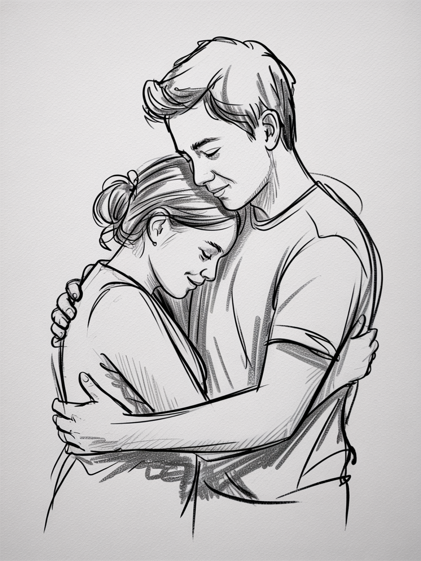 Romantic artwork couple, a black and white sketch of two people embracing closely with soft hatching and clean line work.