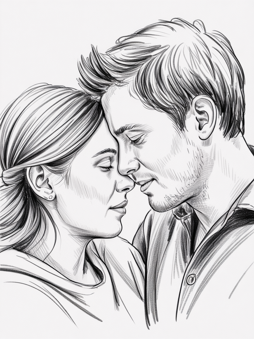 Romantic artwork couple, a black and white pencil sketch of two people touching foreheads with closed eyes, detailed hair lines and soft shading.