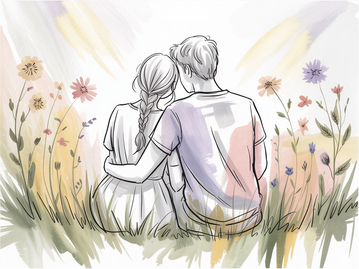 Romantic artwork couple, a back-view illustration of two people sitting close in a pastel wildflower meadow with soft watercolor washes and fine line art.