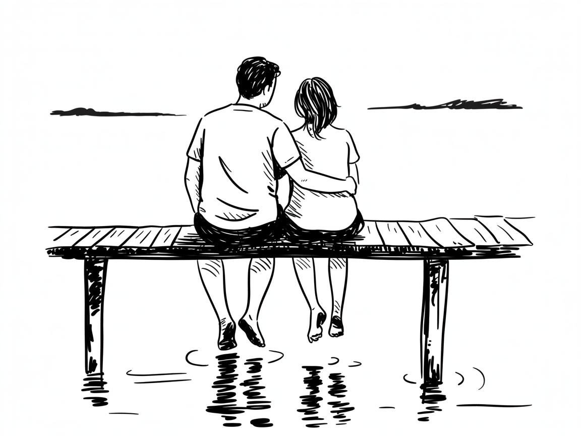 Romantic artwork couple sitting on a wooden dock, viewed from behind, drawn in simple black lines with feet dangling over calm water and subtle ripples.