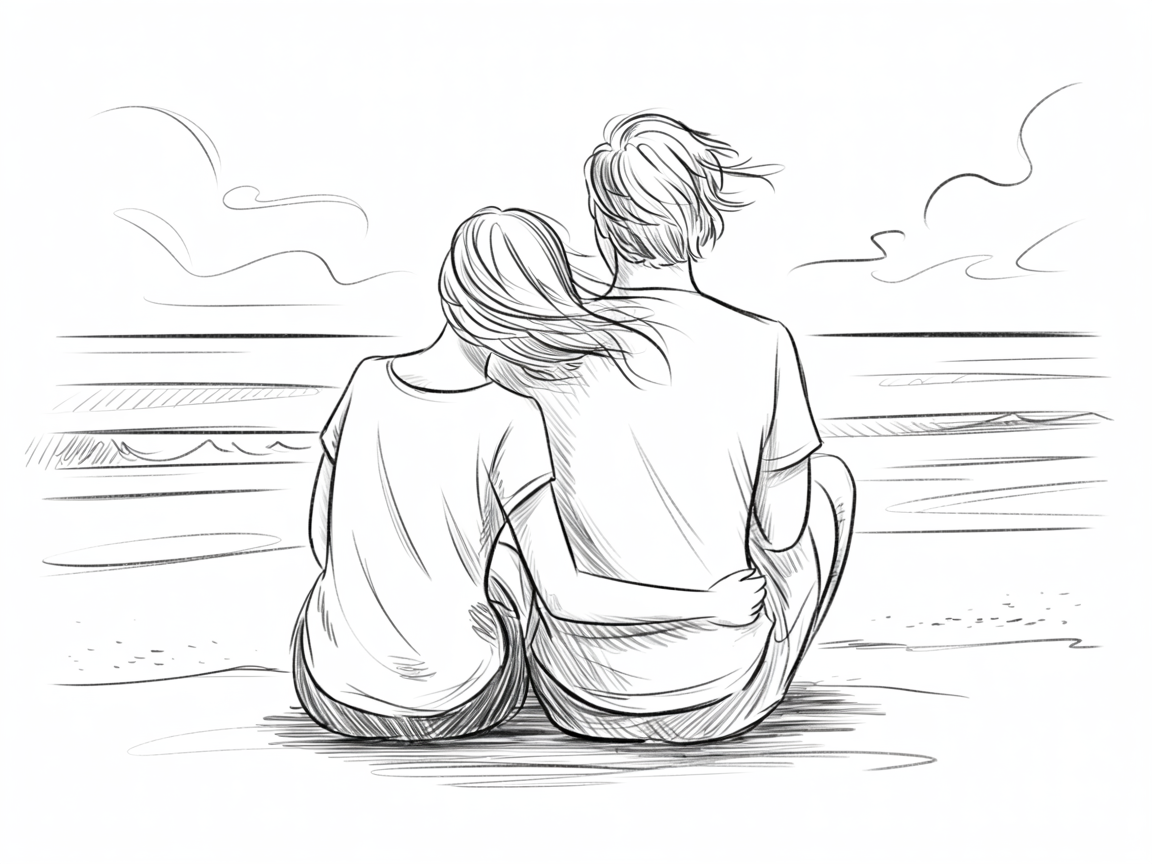 Romantic artwork couple sitting on a beach, sketched from behind as they embrace and look toward a calm ocean with simple clouds and light hatching.