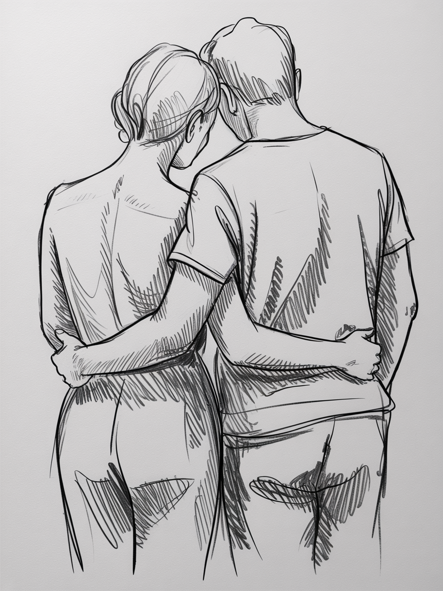 Romantic artwork couple, a black and white sketch of two people from behind with arms around each other and heads touching, drawn with loose lines and hatching.