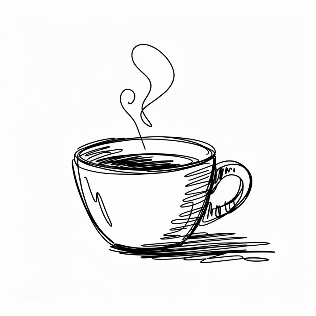 Simple Drawing Ideas, a minimal black ink sketch of a steaming coffee cup with loose hatching and a small shadow.