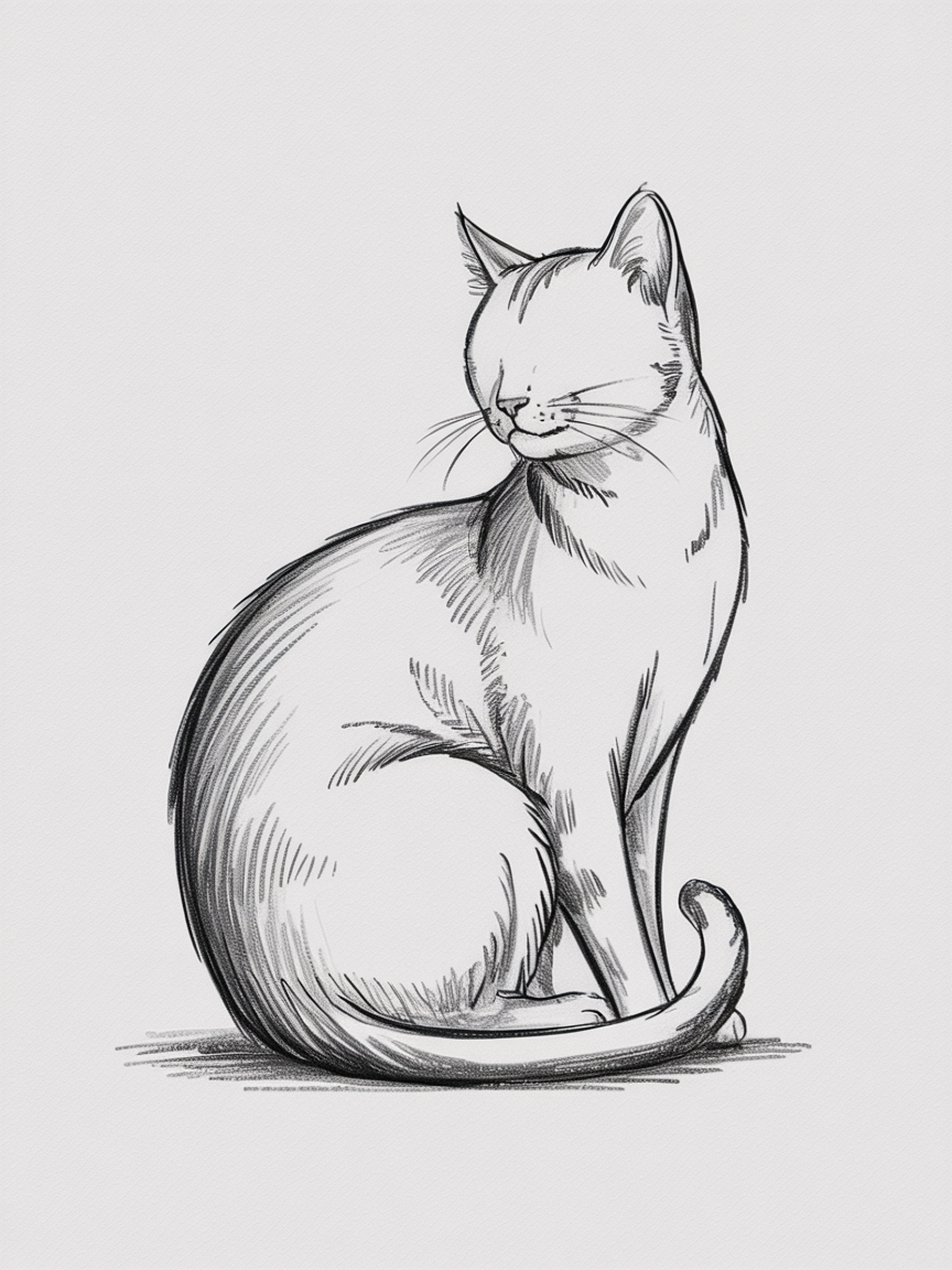 Simple Drawing Ideas, a clean pencil sketch of a seated cat with soft shading and a curled tail on a white background.