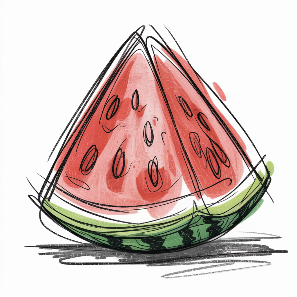 Simple Drawing Ideas, a sketchy watermelon wedge with bright red flesh, scattered black seeds, a striped green rind, and a soft shadow on a white background.