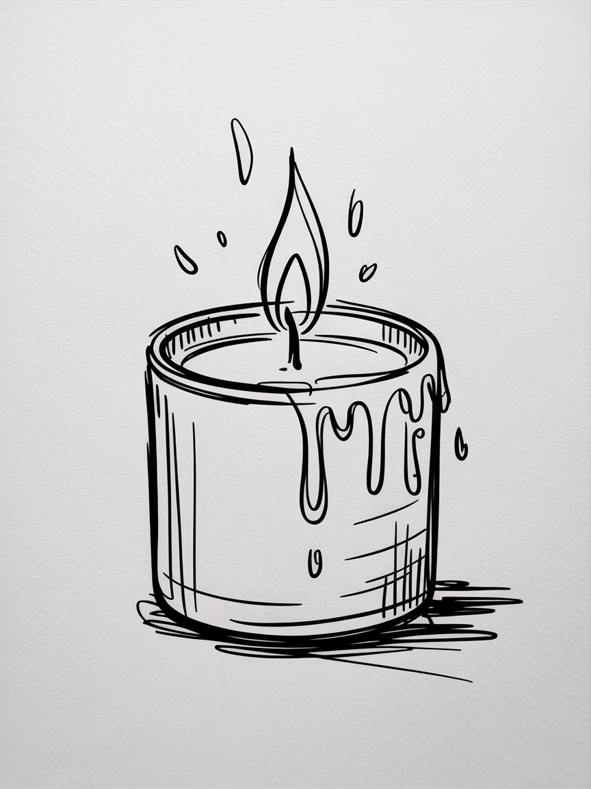 Simple Drawing Ideas, a clean black line sketch of a small candle in a round jar with a flame, wax drips, and a light paper texture.