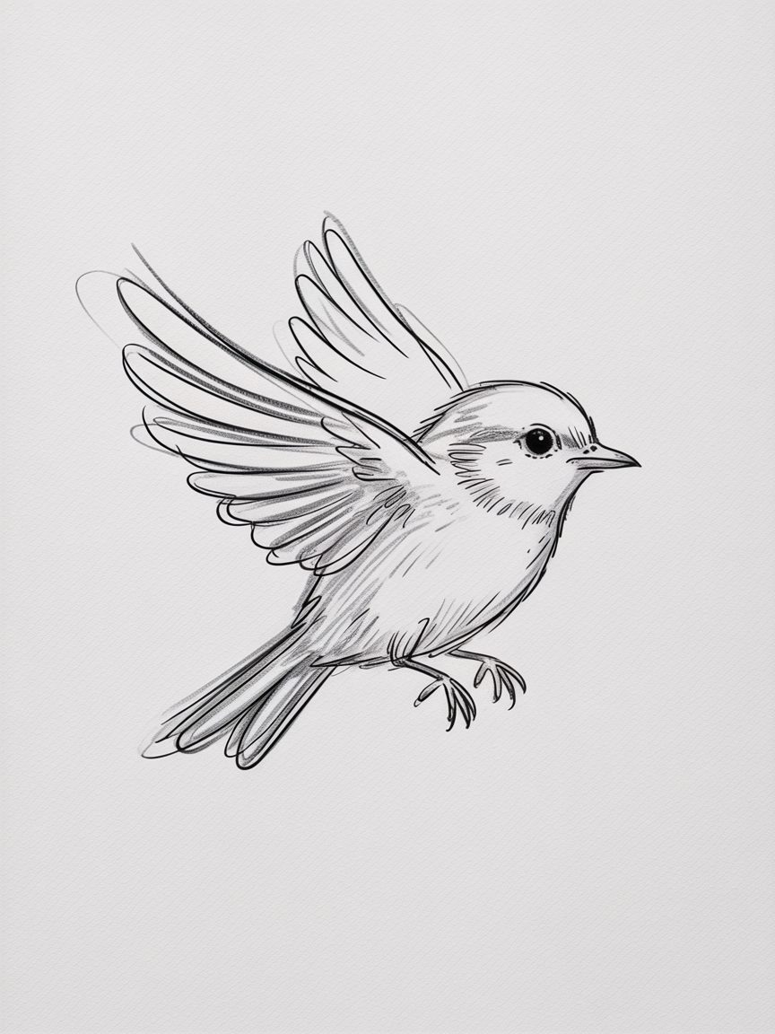 Simple Drawing Ideas, a black and white sketch of a small bird mid-flight with layered wings, soft shading, and clear linework.