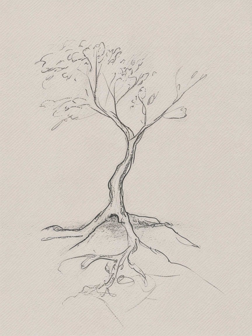 Simple Drawing Ideas, a minimal pencil sketch of a twisting tree with exposed roots and sparse leaves on textured paper.
