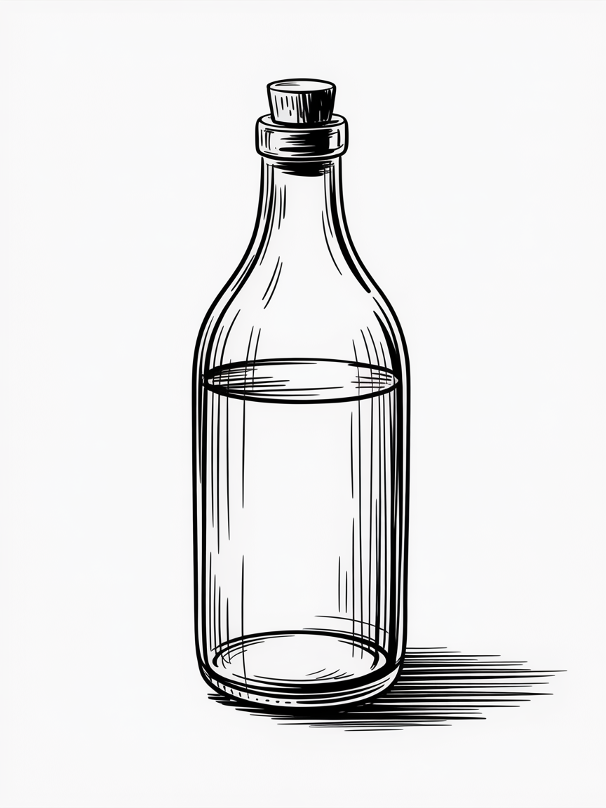 Simple Drawing Ideas, black and white sketch of a glass bottle with a cork and hatched shadow on a white background.