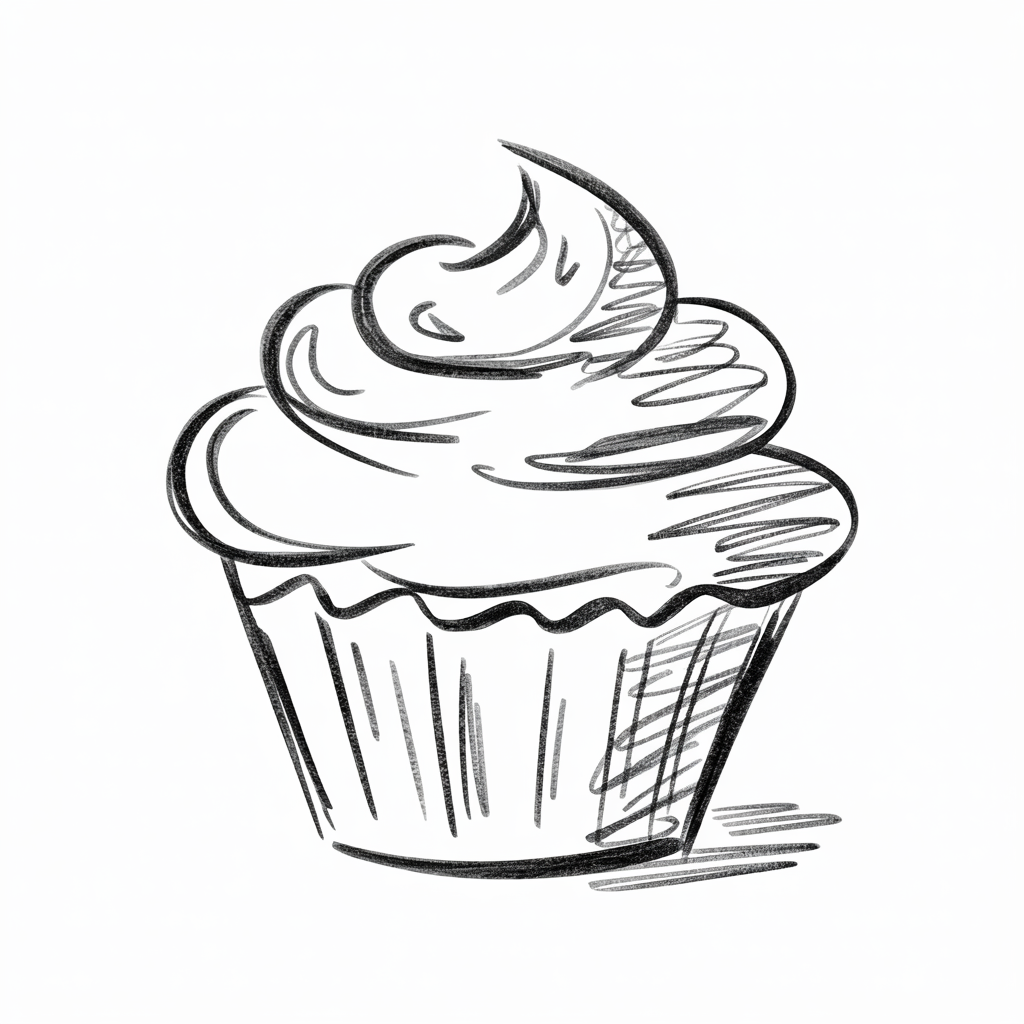 Simple Drawing Ideas: a black and white sketch of a cupcake with swirled frosting, a ridged paper liner, and light crosshatched shading.