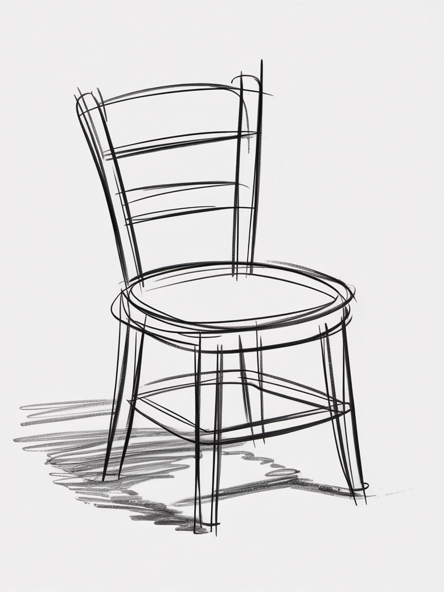 Simple Drawing Ideas: a loose black line sketch of a chair with an oval seat, curved back slats, and a soft cast shadow on a white background.