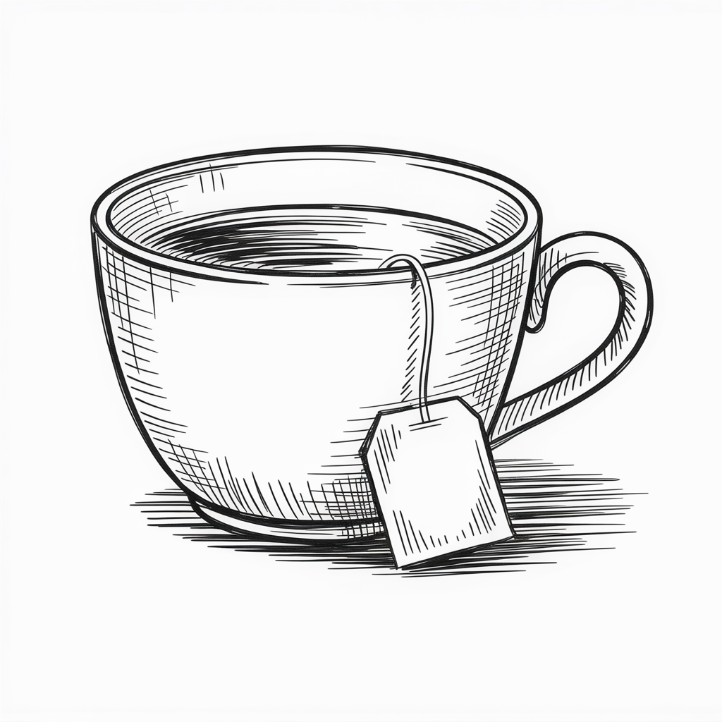 Simple Drawing Ideas, a clean ink sketch of a teacup with a dangling tea bag tag and crosshatching shadows on a white background.