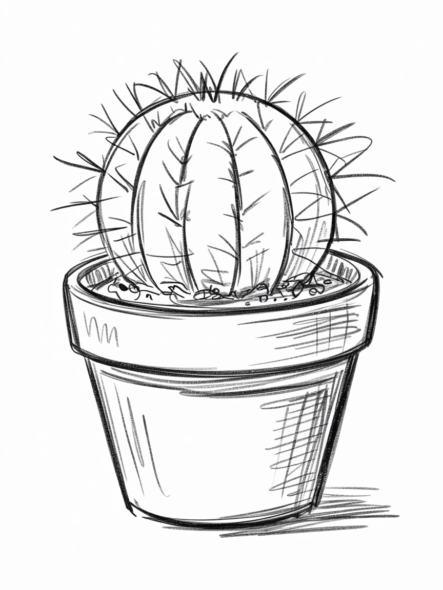 Simple Drawing Ideas, a black and white sketch of a round cactus in a clay pot with crisp spines, rib lines, and a soft cast shadow.