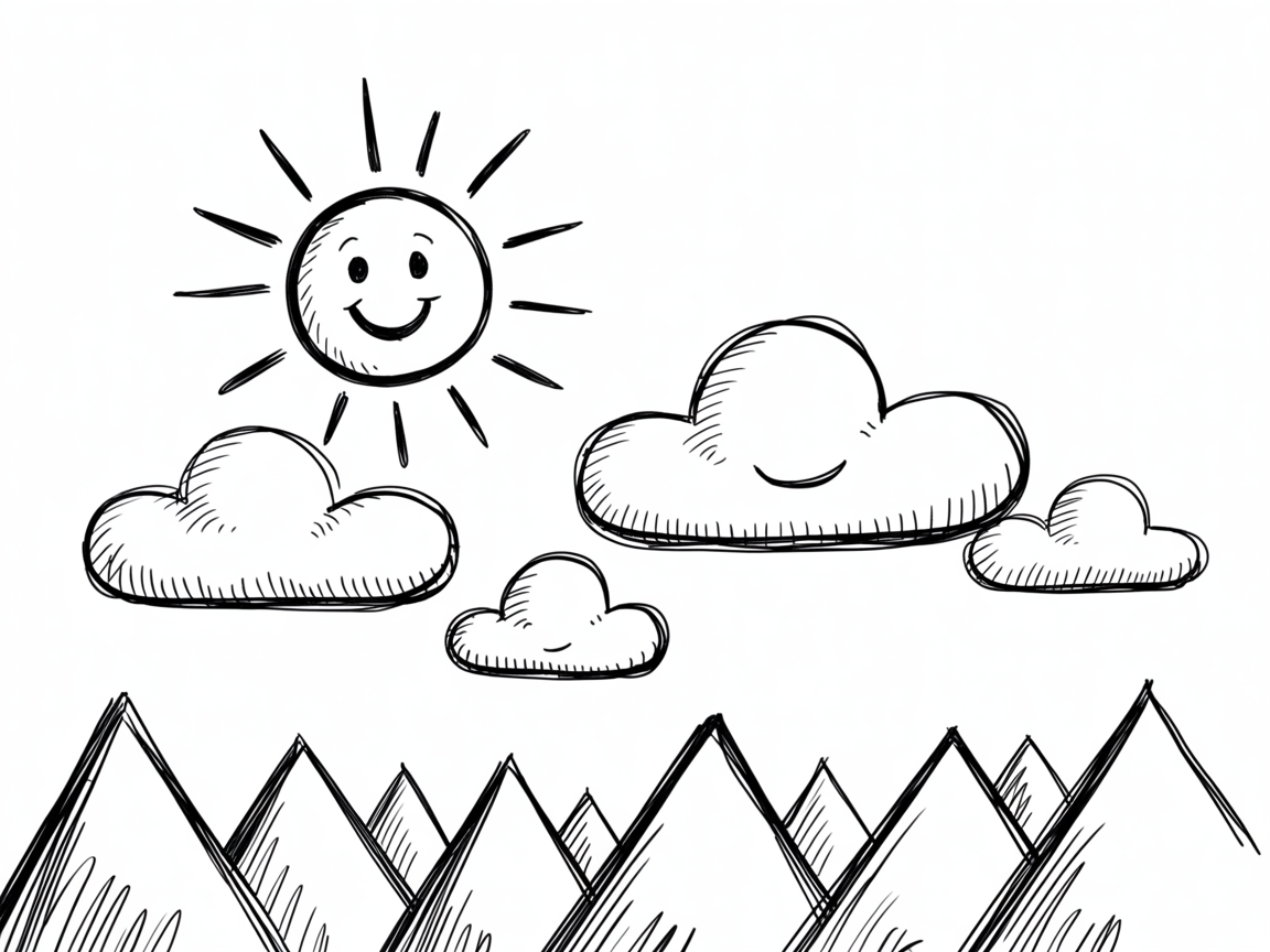 Simple Drawing Ideas, a black and white doodle of a smiling sun with rays, fluffy clouds, and triangular mountains with sketchy hatching.