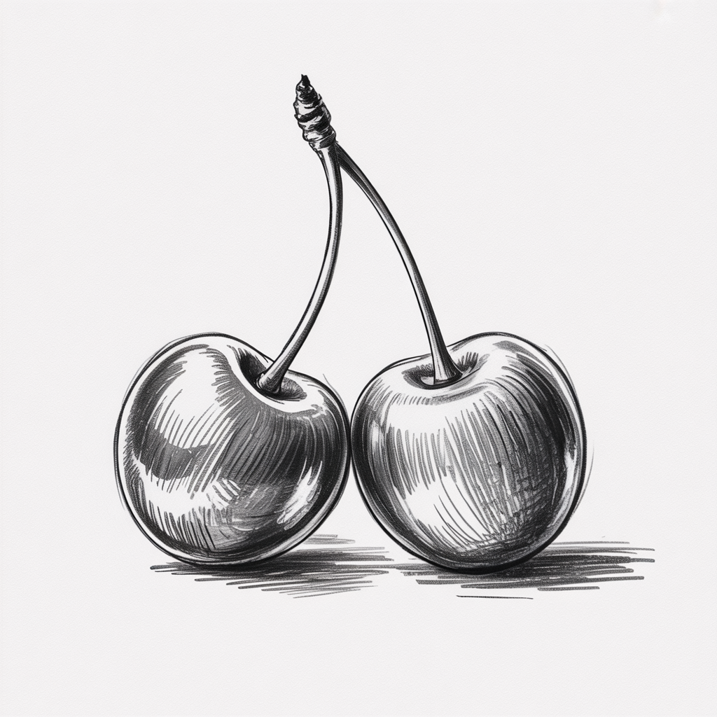 Simple Drawing Ideas, a black and white sketch of two cherries with curved stems and hatch shading on a plain background.