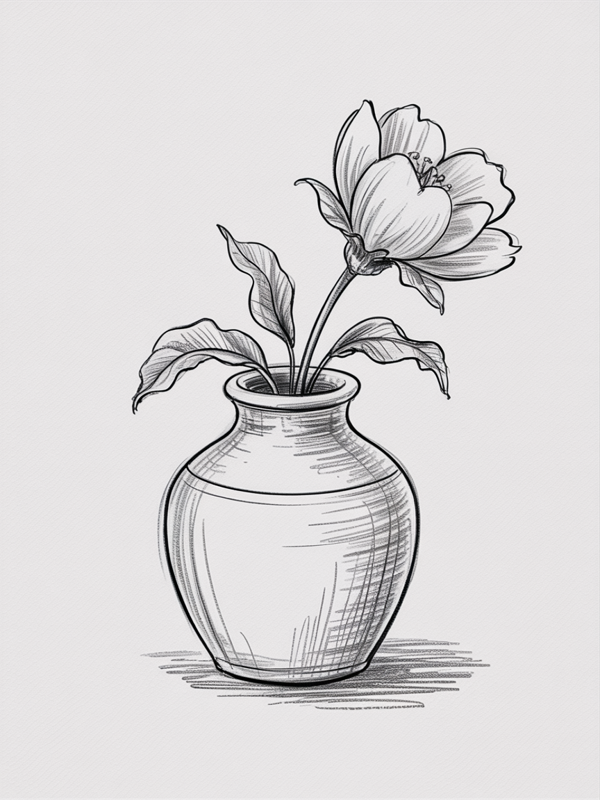 Simple Drawing Ideas, a black and white sketch of a single flower in a round vase with crosshatching and a soft cast shadow.