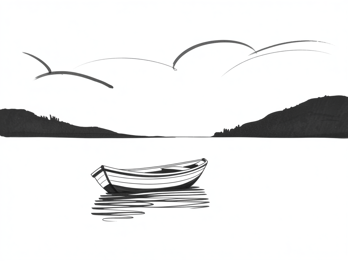 Simple Drawing Ideas: minimalist black and white scene of a small rowboat on calm water between two dark headlands, with looping birds and gentle ripples.