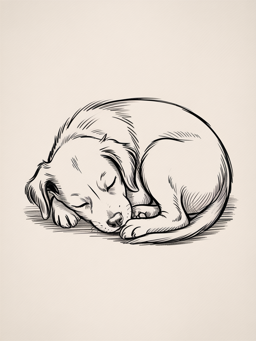 Simple Drawing Ideas, a clean ink sketch of a curled sleeping puppy with light cross-hatching on a plain paper background.