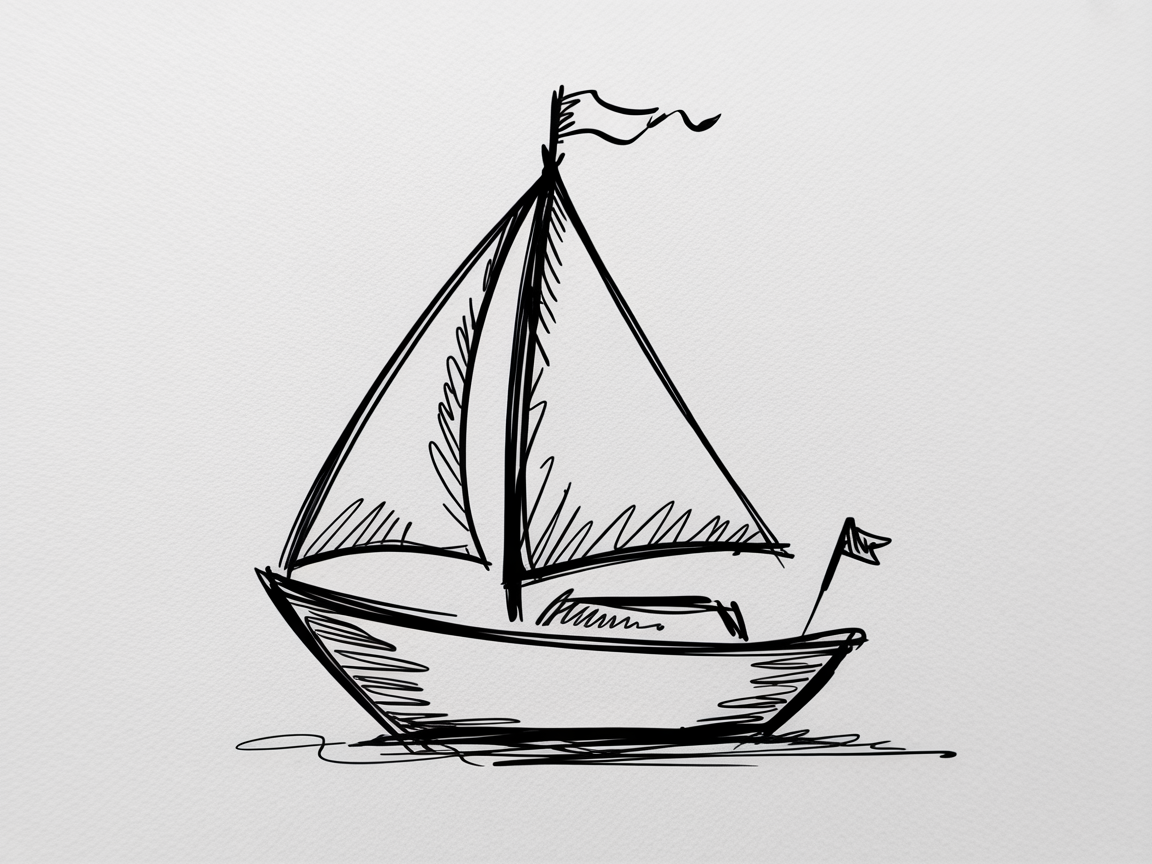 Simple Drawing Ideas, a loose black line sketch of a small sailboat with triangle sails, tiny flags, and a few water ripples on white paper.