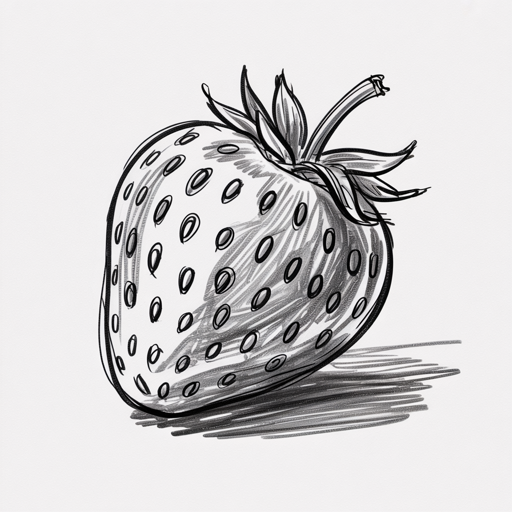 Simple Drawing Ideas, black and white sketch of a single strawberry with seeds, leafy top, and a soft cast shadow.