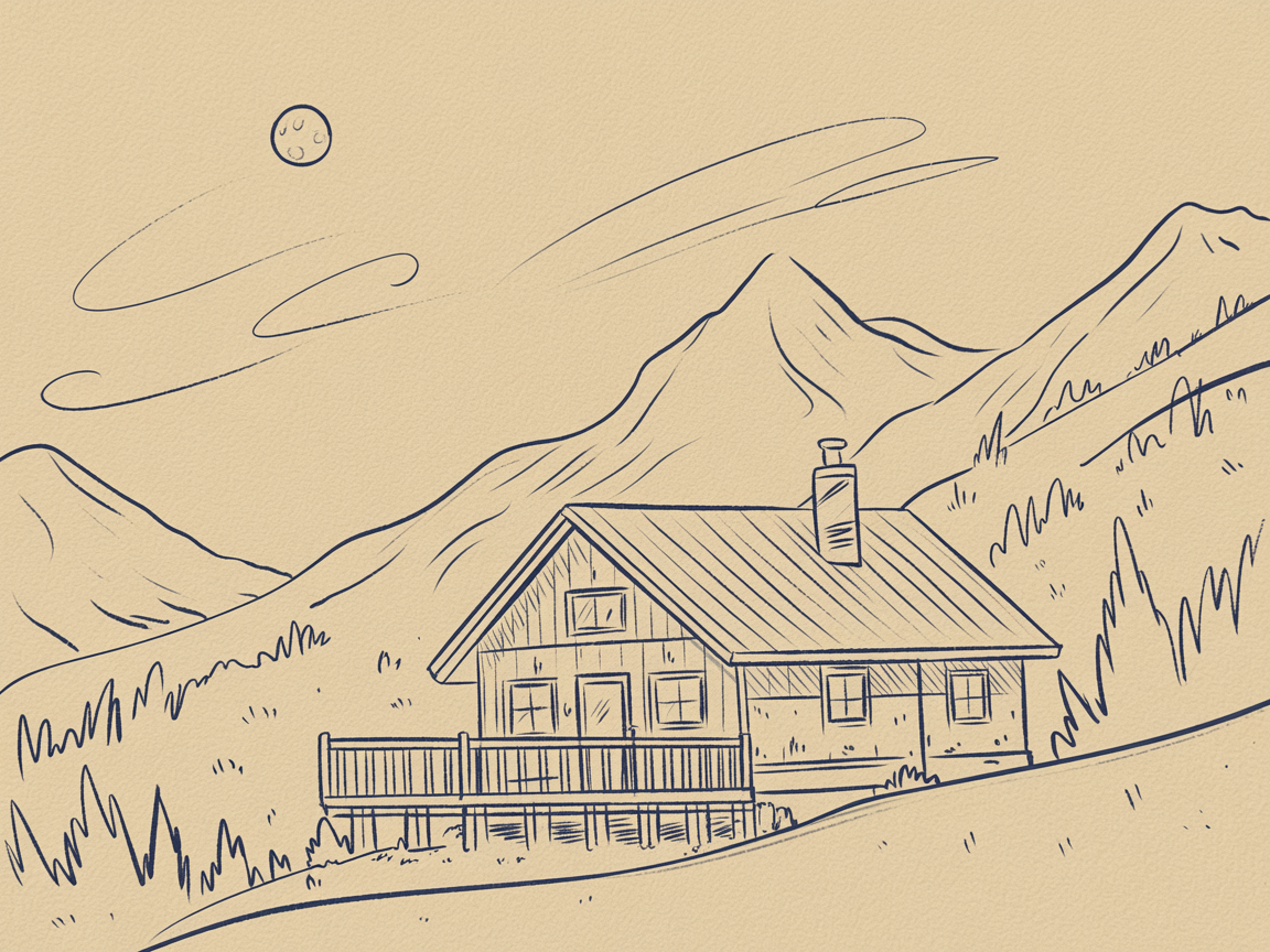 Simple Drawing Ideas, a cozy cabin line drawing in rolling mountains under a small moon with wood textures and a simple deck on textured paper.