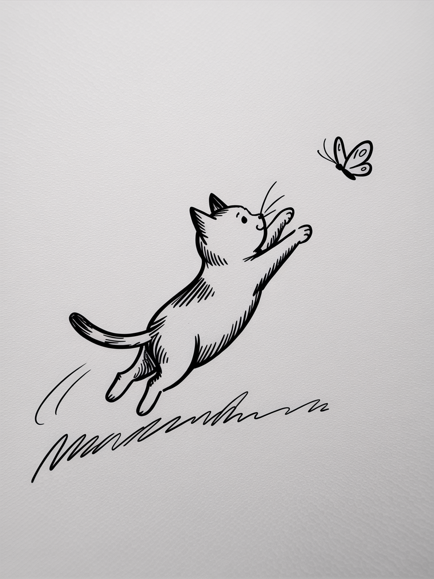 Simple Drawing Ideas, a playful ink sketch of a cat jumping toward a butterfly on textured paper.