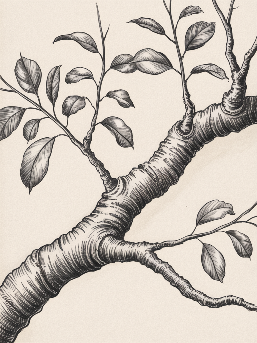 Simple Drawing Ideas, a monochrome ink sketch of a tree branch with textured bark and smooth leaves on cream paper.
