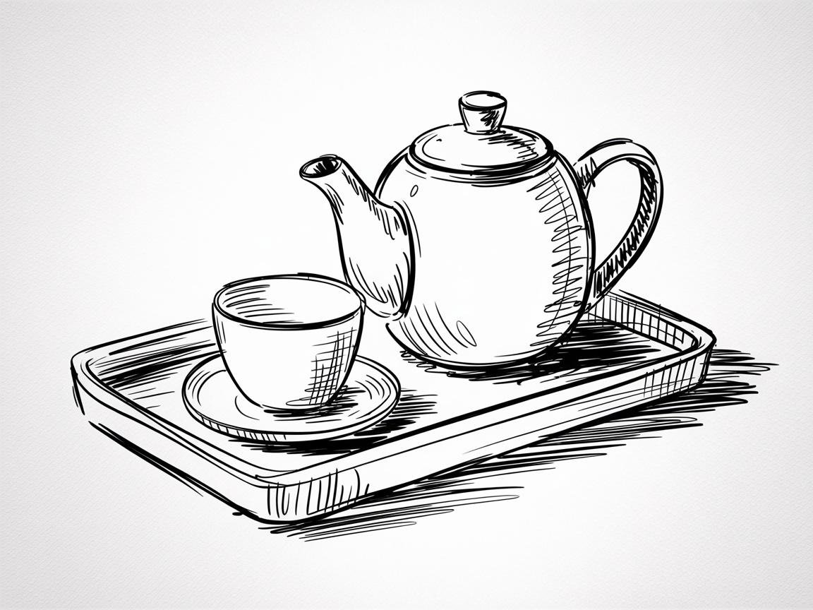 Simple Drawing Ideas: a sketched teapot with a cup and saucer on a rectangular tray, with hatched shadows on a clean white background.