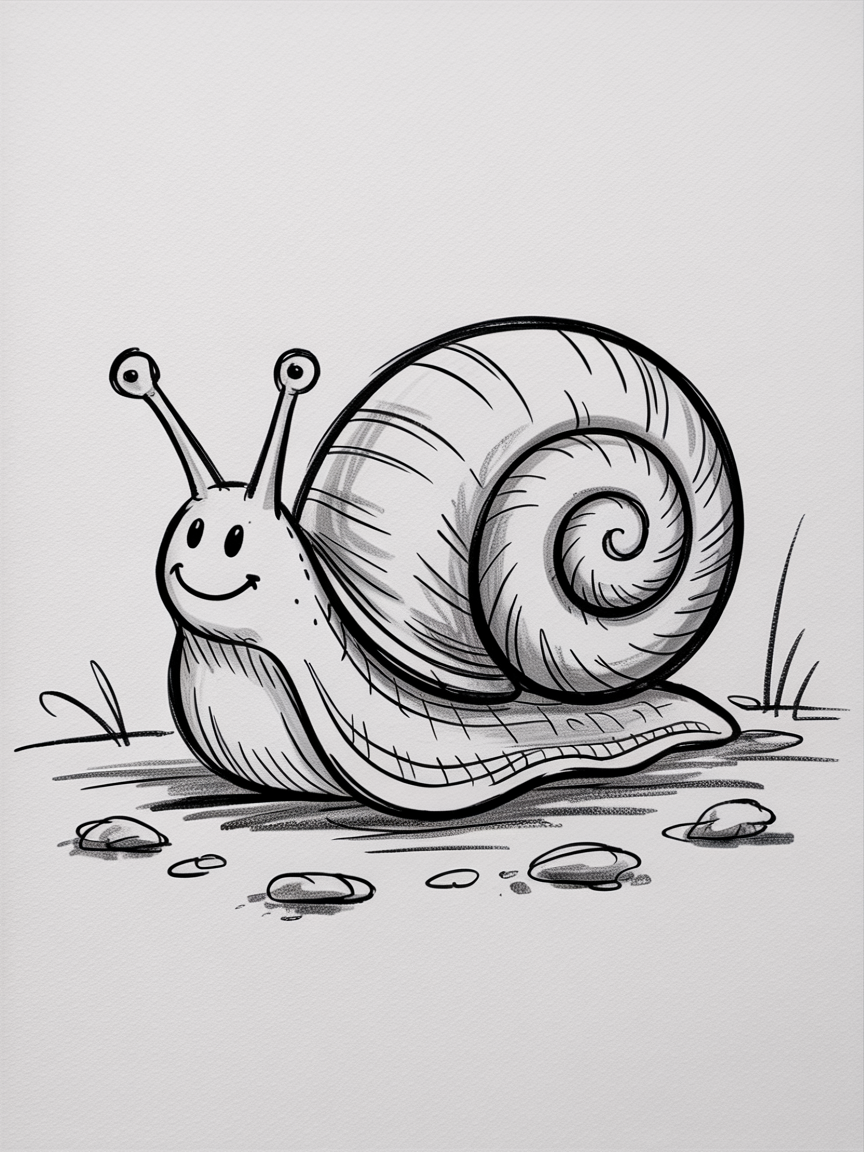 Simple Drawing Ideas: a cute black and white cartoon snail with a spiral shell, light hatching, and small pebbles on the ground.