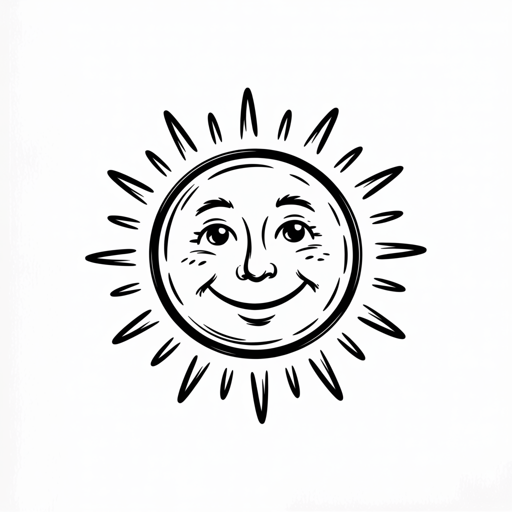 Simple Drawing Ideas: black and white line art of a smiling sun face with radiating tapered rays on a clean white background.