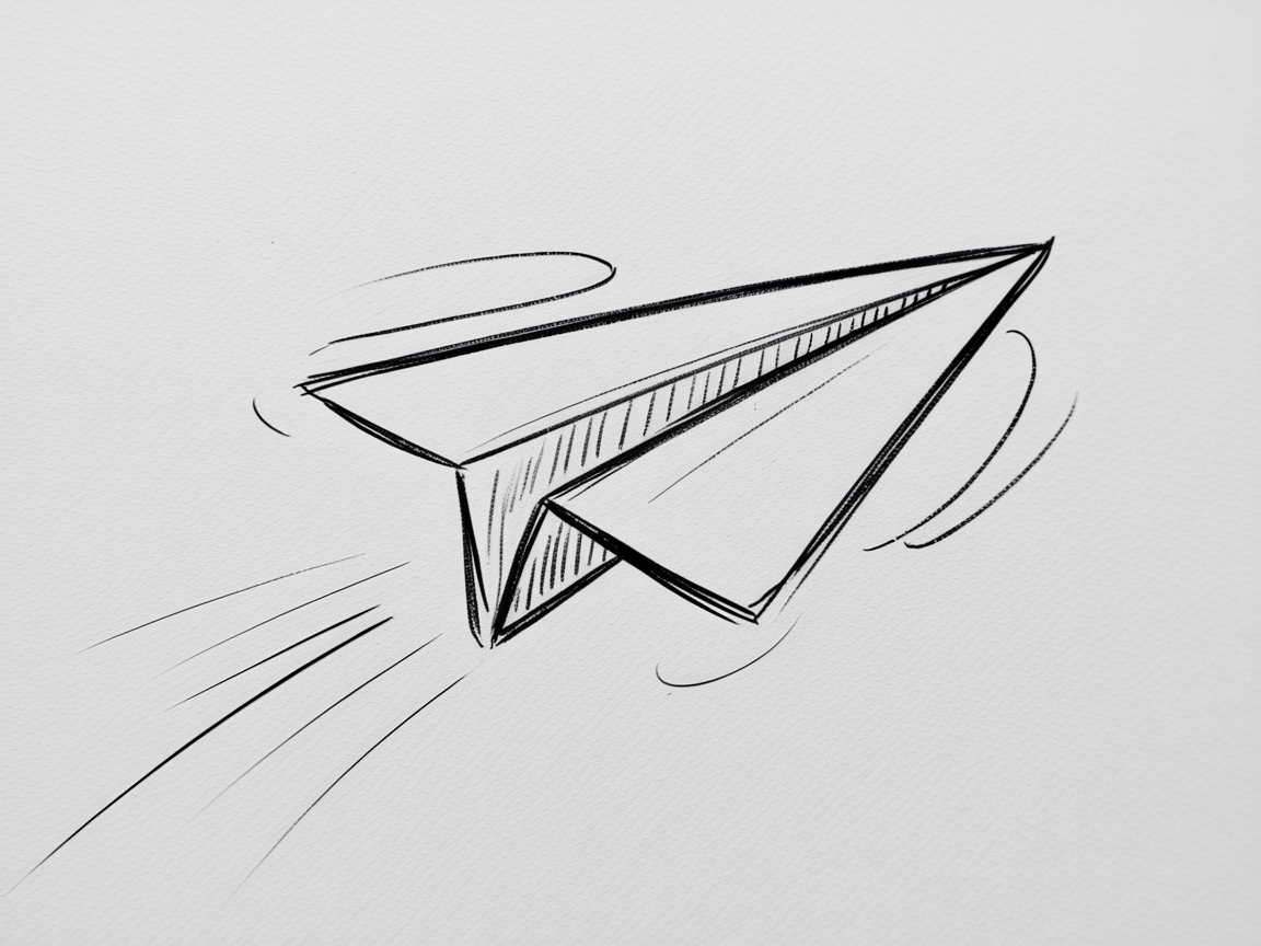 Simple Drawing Ideas, a clean black ink sketch of a paper airplane with motion lines on textured white paper.