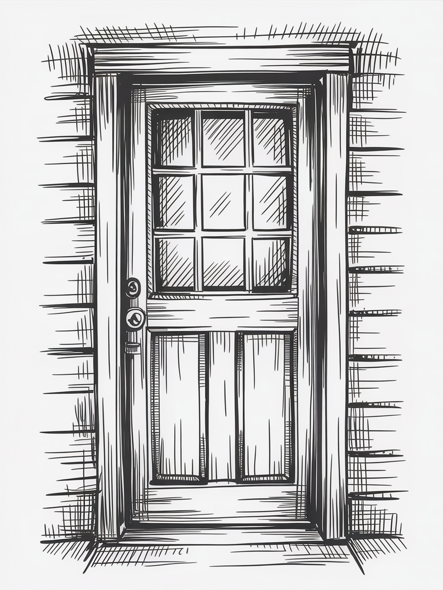 Simple Drawing Ideas, a black-and-white sketch of a wooden door with a 3x3 window grid, bold outlines, crosshatching, and siding lines framing it.