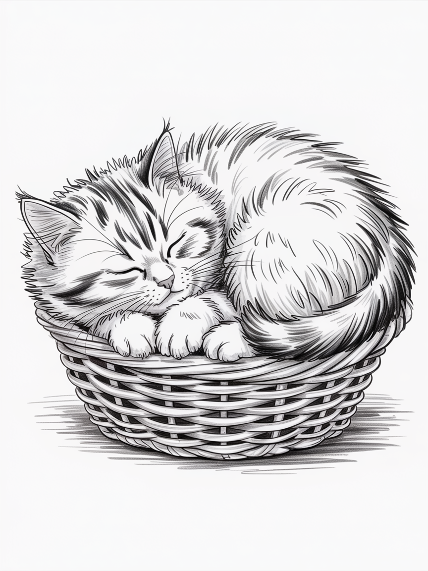 Simple Drawing Ideas, a sleeping kitten curled in a woven basket, clean black and white line art with soft shading.