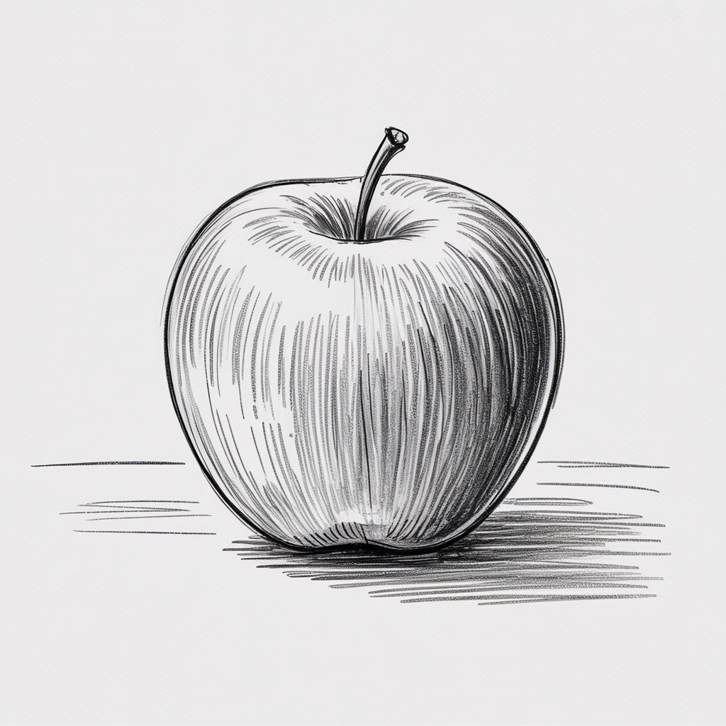 Sketch Ideas for Beginners: a black and white drawing of a single apple with curved hatching and a soft cast shadow on white paper.